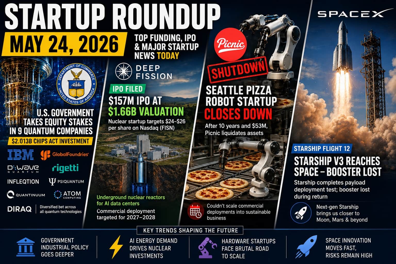 Startup News Roundup - May 24, 2026 Washington Deploys $2 Billion Into Quantum Computing. A Nuclear Startup Goes Public. A Pizza Robot Runs Out of Dough.