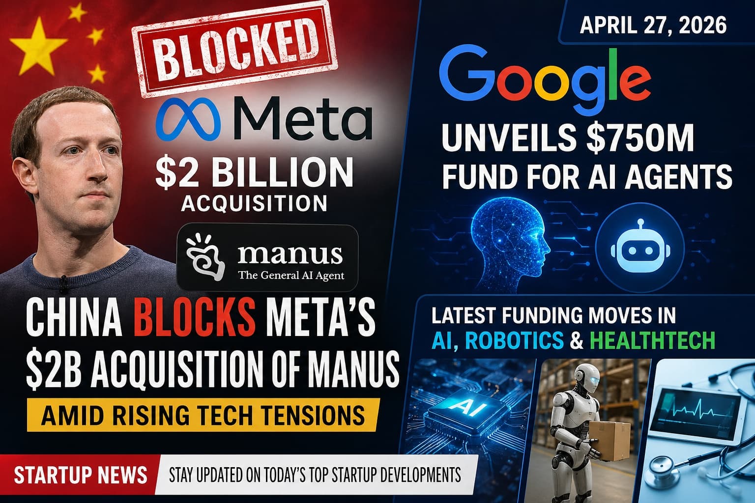 April 27, 2026 Startup News Roundup: China Blocks Meta’s $2B AI Acquisition of Manus, Google Launches $750M AI Agents Fund & More
