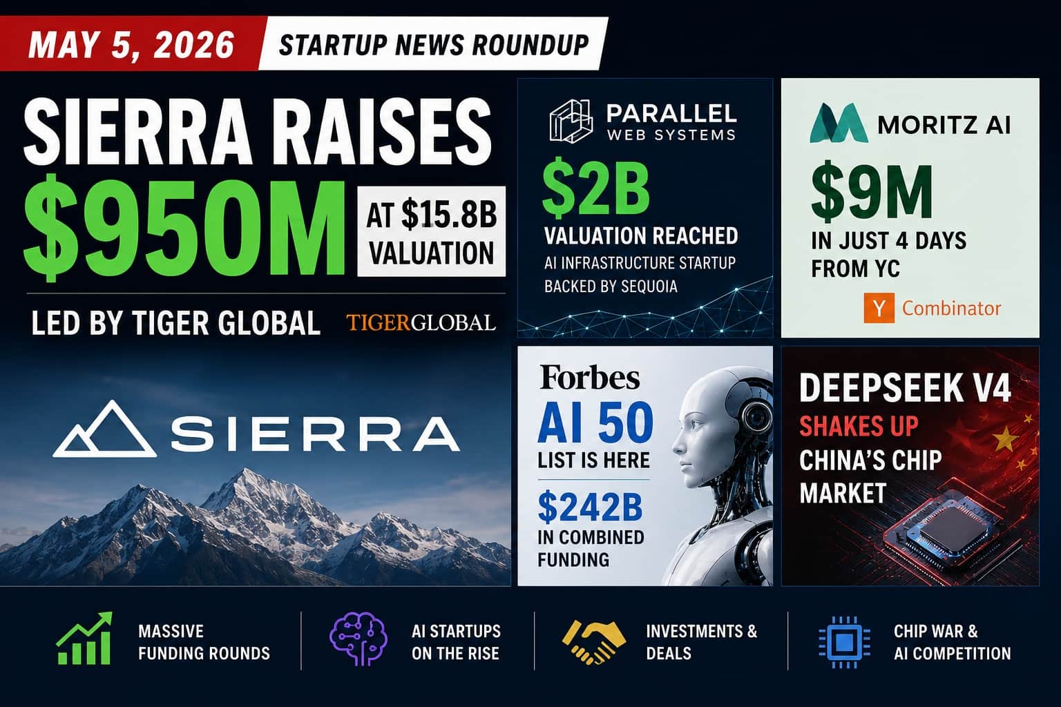 Startup News Today May 5, 2026 | Sierra $950M, Parallel $2B, Forbes AI 50, DeepSeek V4 Daily Roundup