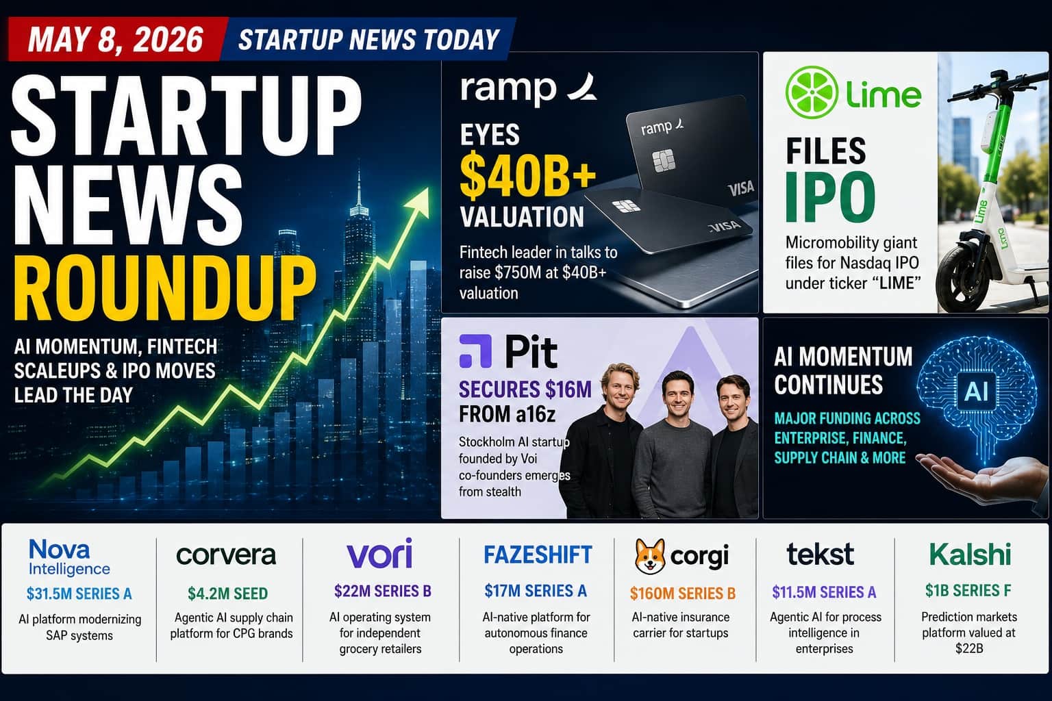Startup News Today May 8, 2026: Ramp Eyes $40B, Lime Files IPO With Going-Concern Warning, Pit Exits Stealth With a16z Backing
