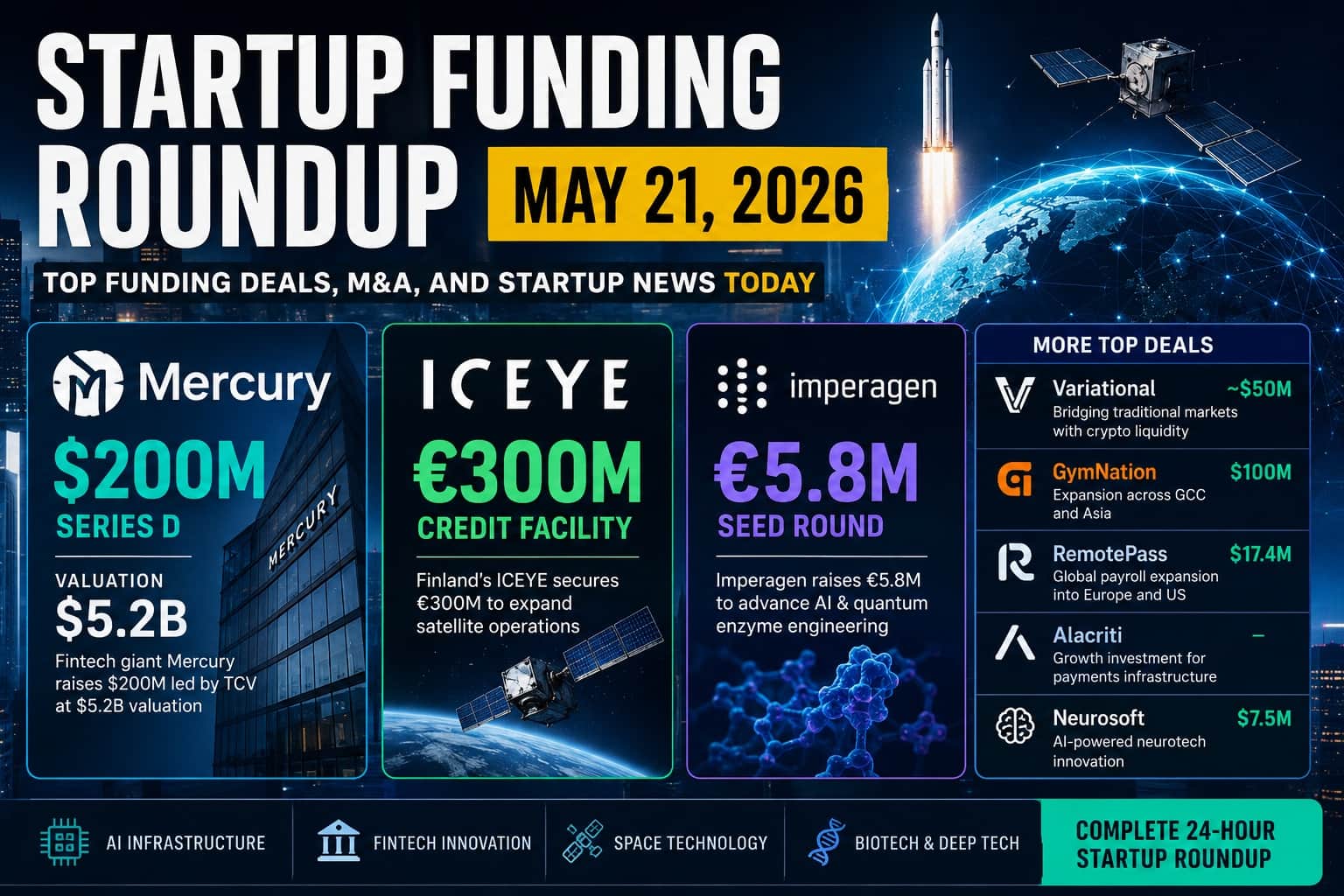 Startup Funding Roundup May 21 2026: Mercury Hits $5.2B Valuation, ICEYE Secures €300M, Key AI & Fintech Deals Today