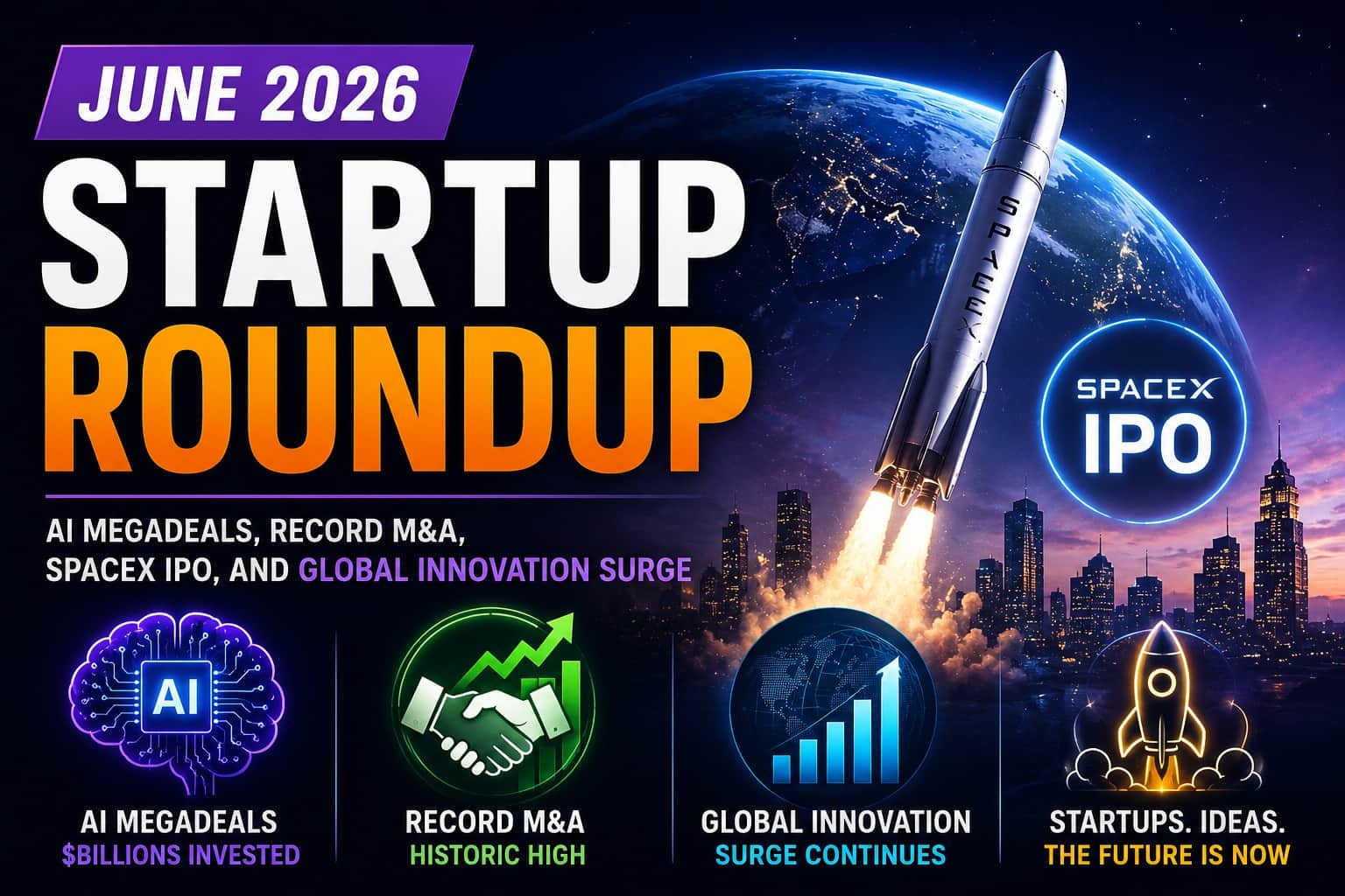 June 2026 Startup Roundup: AI Megadeals, Record M&A, SpaceX IPO, and Global Innovation Surge